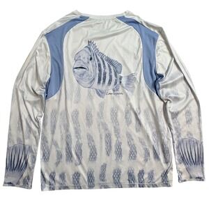 Reel Legends Sheepshead Reel-Tec Fishing Shirt Men Large White Blue Long Sleeve